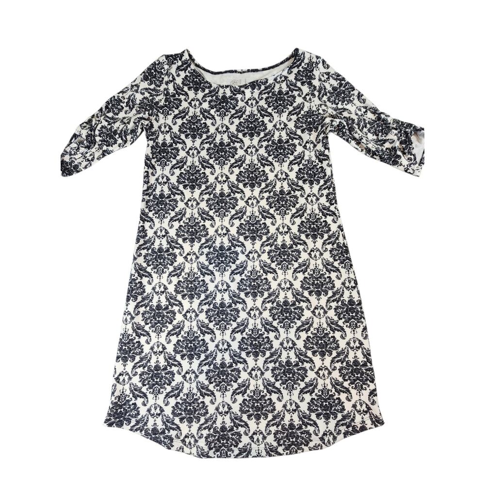Lola Black & White Damask Print Shift Dress Size large 3/4 Sleeve stretchy